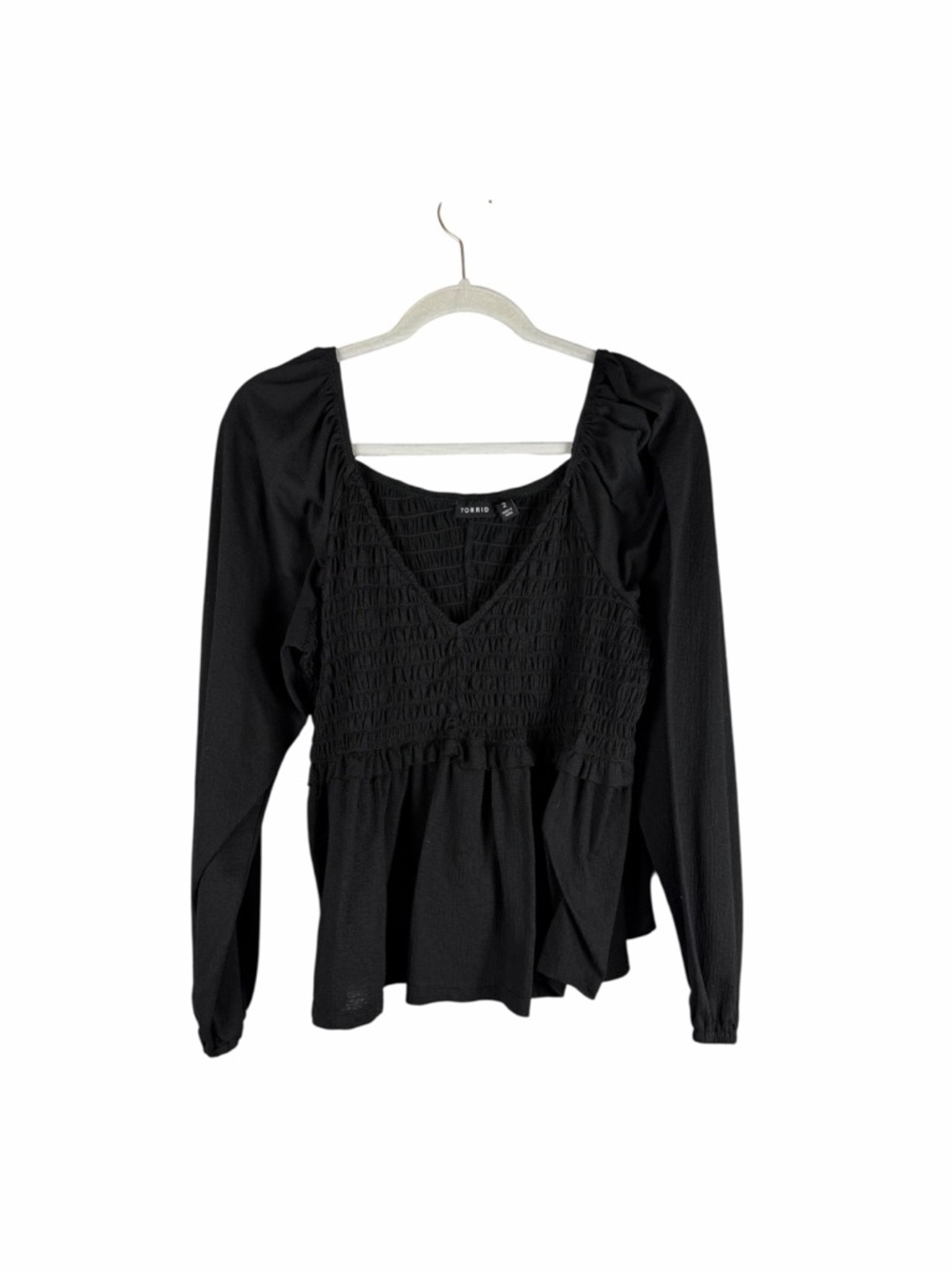 Torrid Black Smocked Babydoll Blouse Puff Sleeve Peplum Top Size 2X